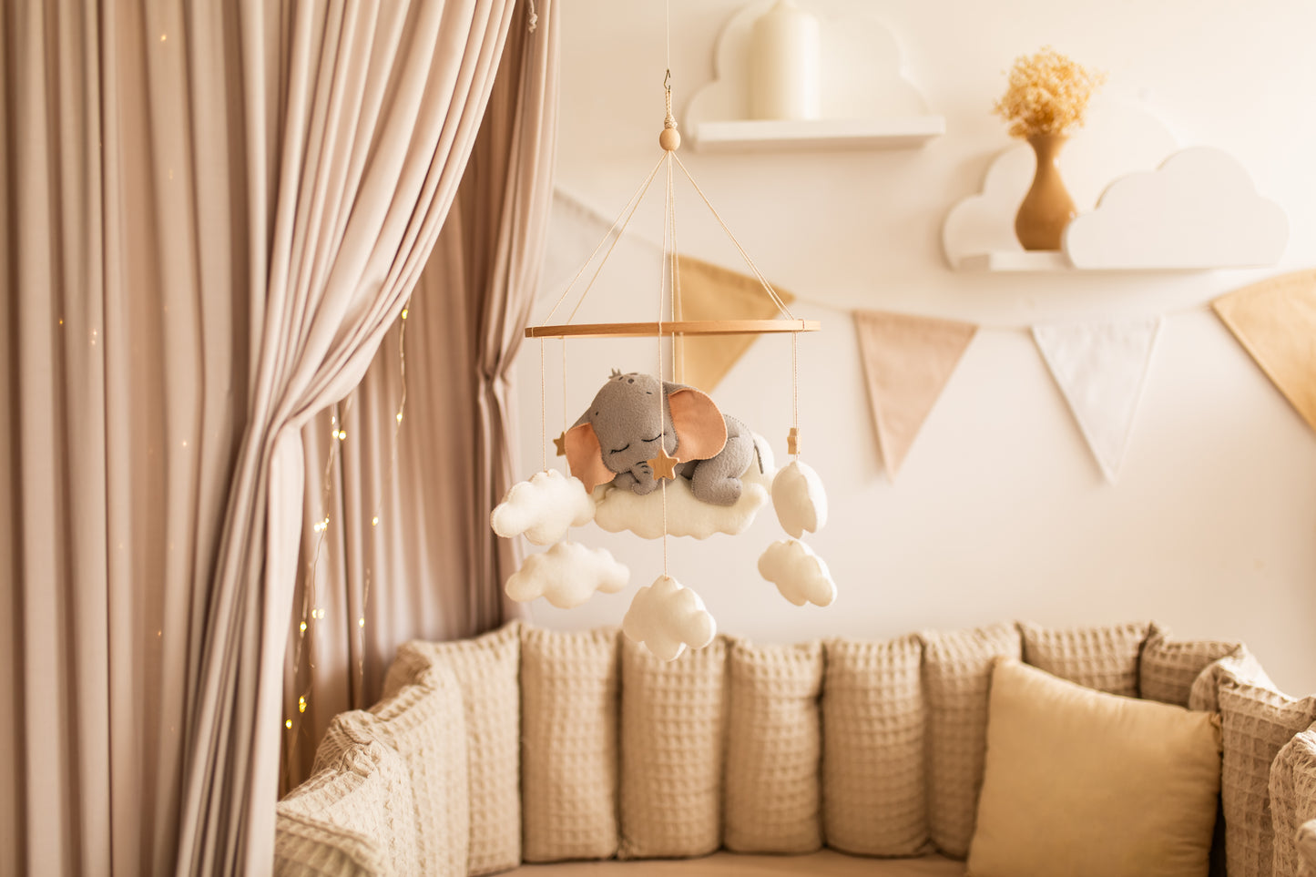 Sleepy Elephant Baby Mobile – Safari Nursery Mobile with Clouds