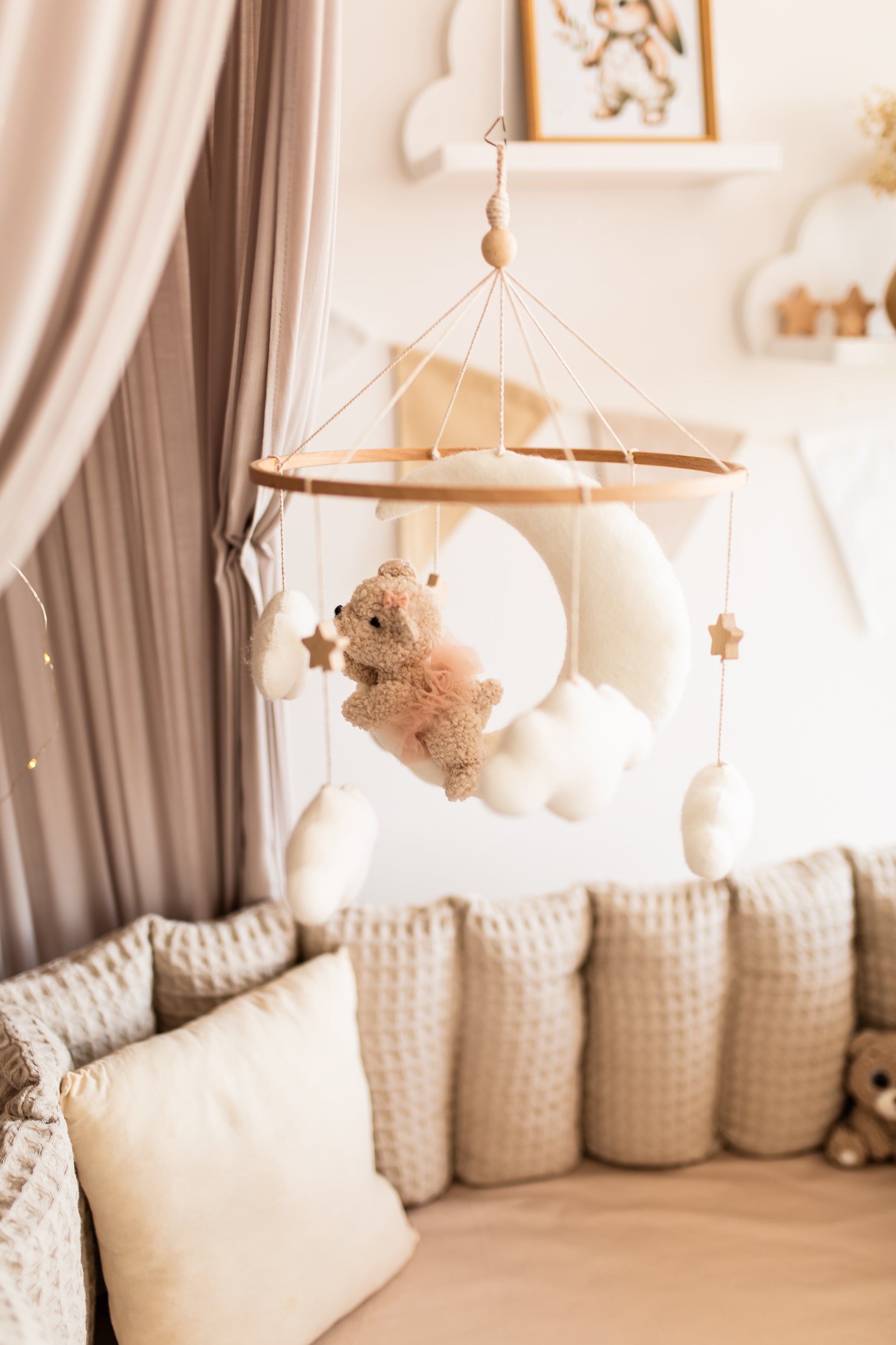 Eco-friendly boucle bear mobile for dreamy nursery ambiance