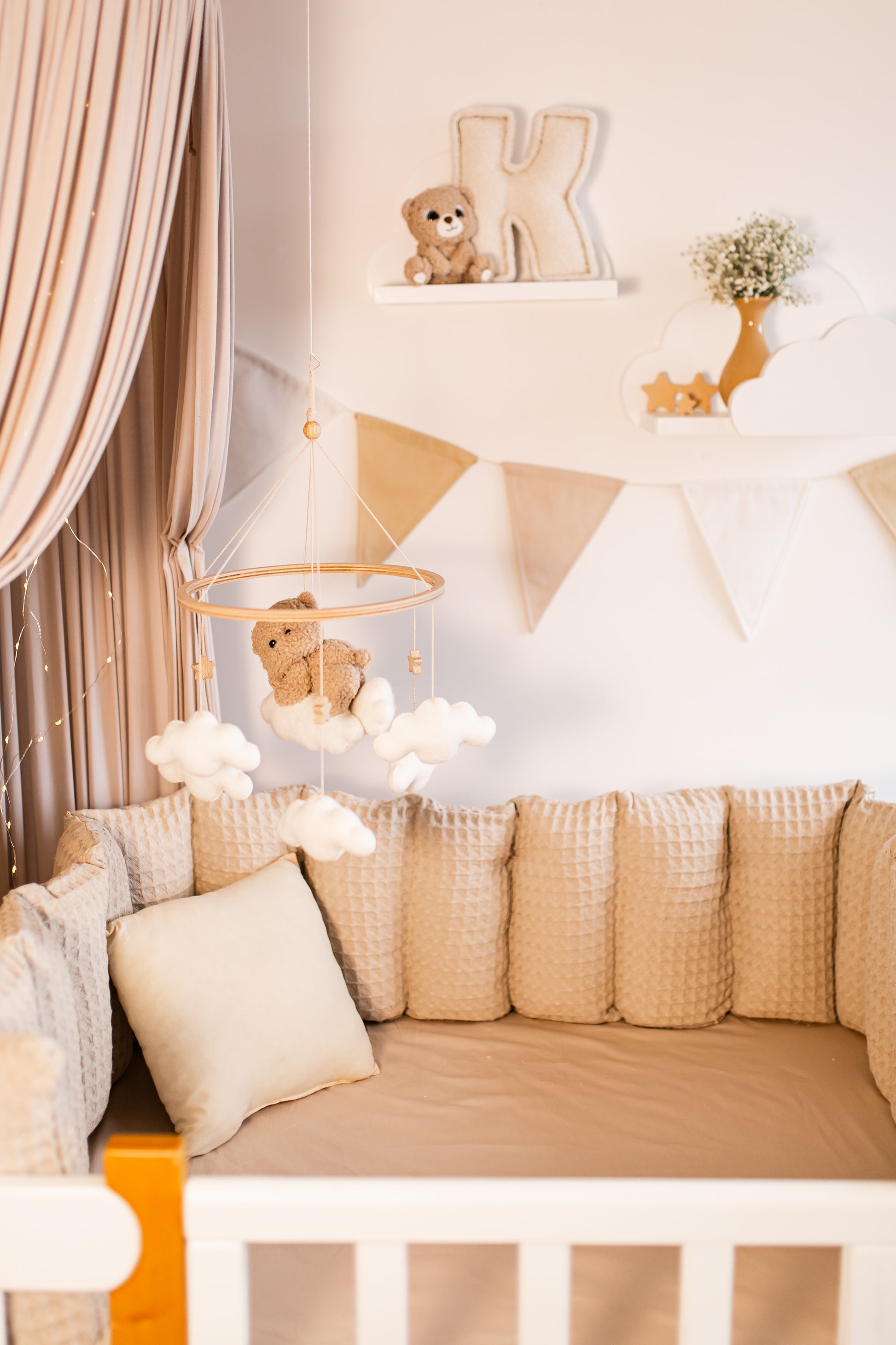 Handmade bear on cloud boucle mobile for peaceful nursery decor