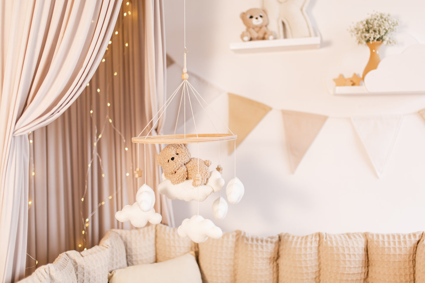 Eco-friendly boucle bear mobile adding calming touch to nursery