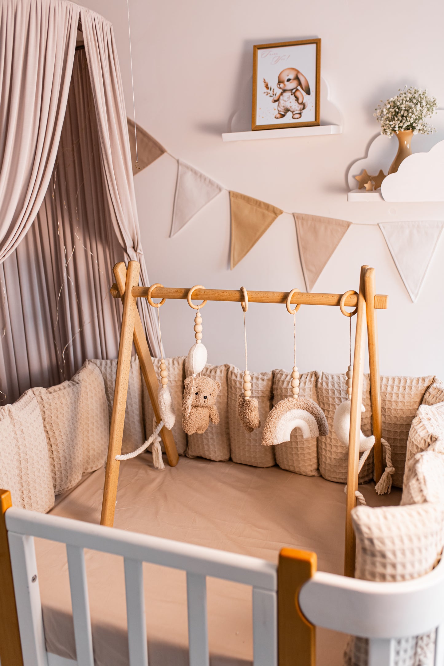 Eco-friendly bouclé sensory toys for baby play gym—bear, bunny, kitten, lamb