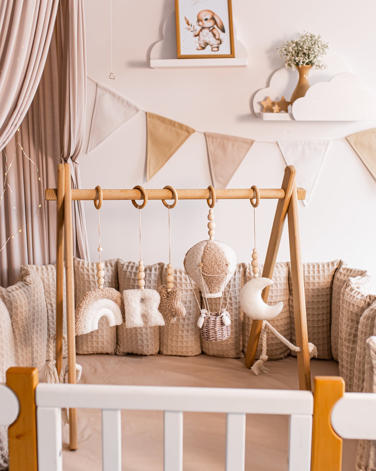 Bouclé baby gym play toys set with bear, bunny, kitten and lamb hanging from wooden ring