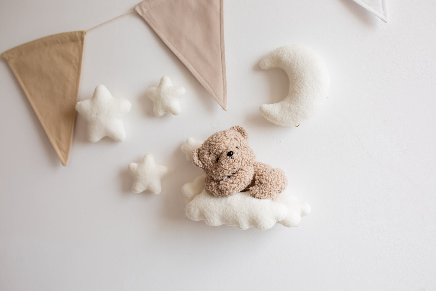 Customizable boucle bear on cloud wall décor for serene nursery theme