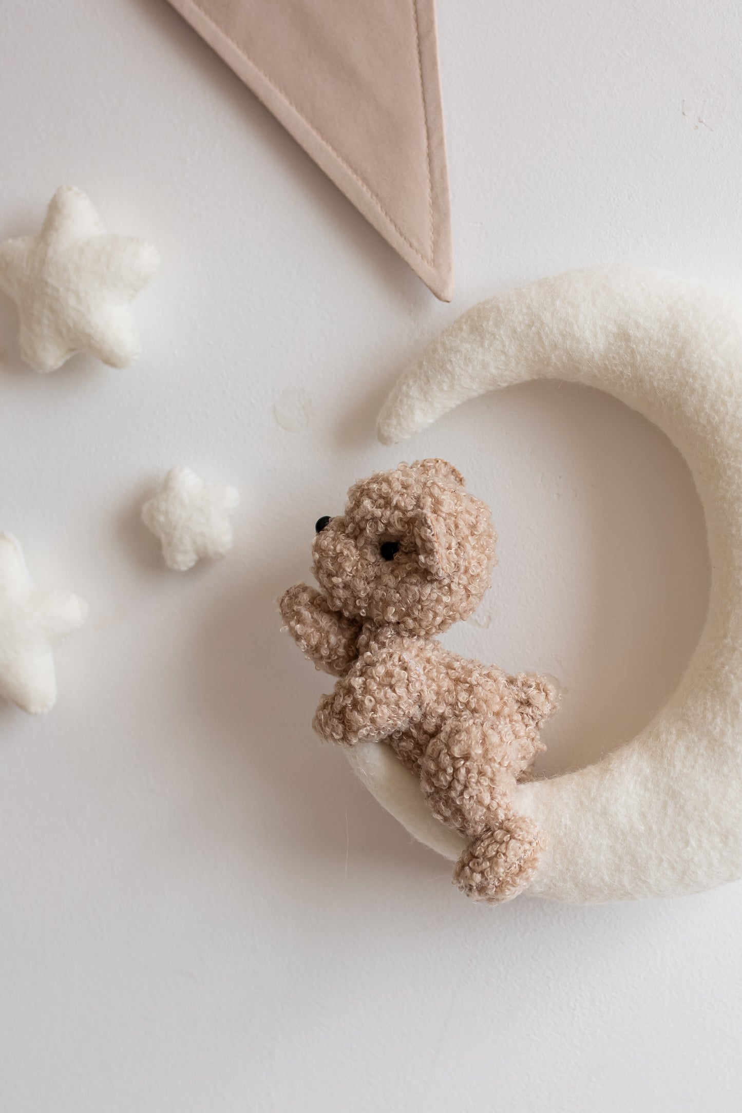 Personalized bouclé bear and moon wall art for cozy gender-neutral nursery