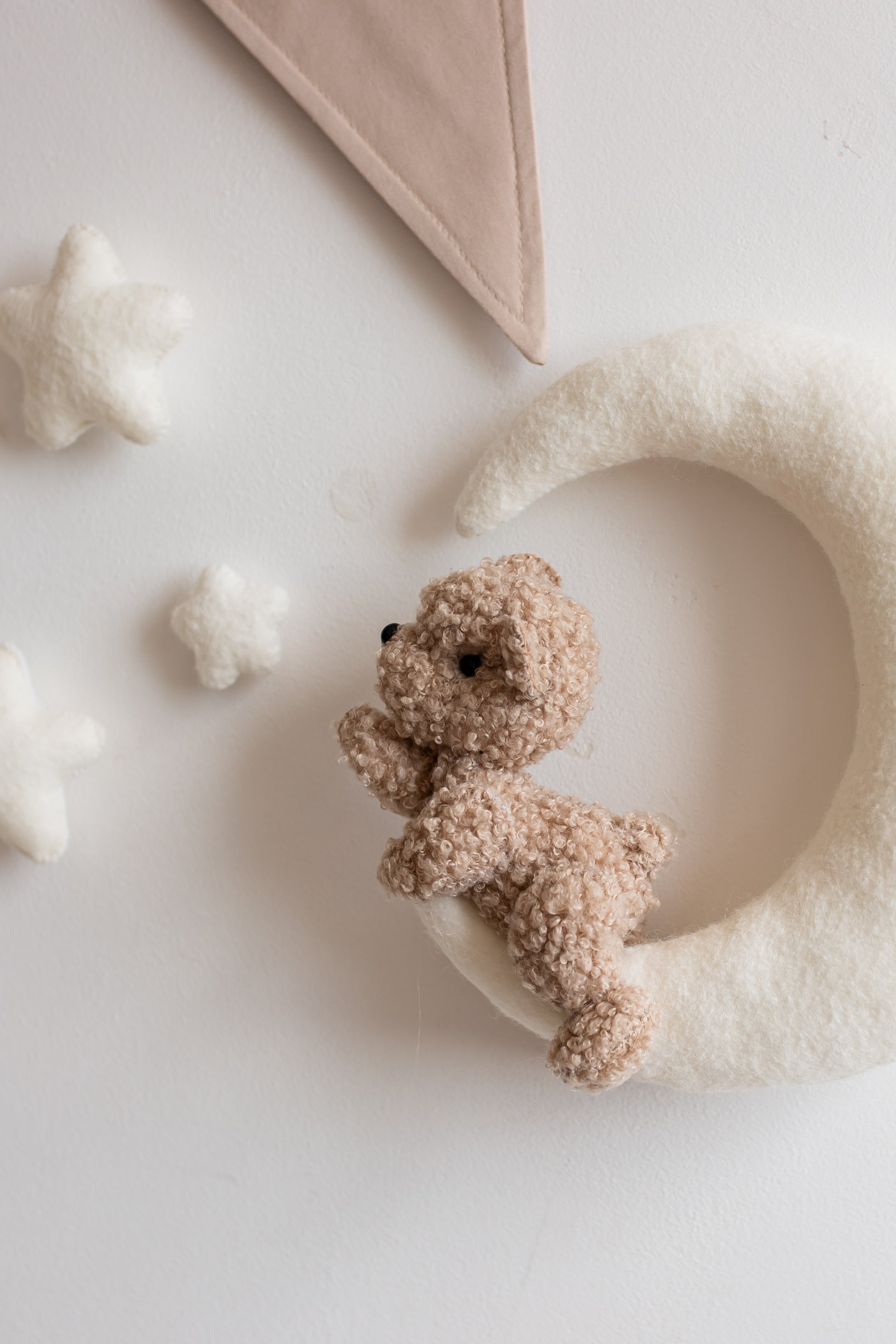 Personalized bouclé bear and moon wall art for cozy gender-neutral nursery