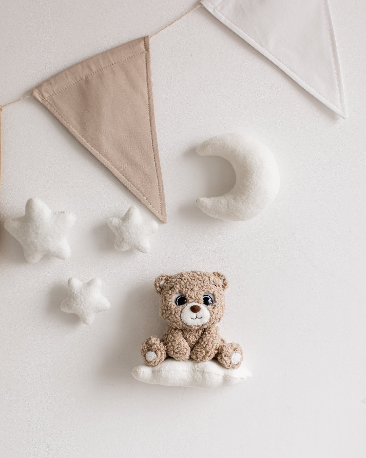Bouclé bear wall décor set with LED lighting: bear, moon, clouds, and stars near crib