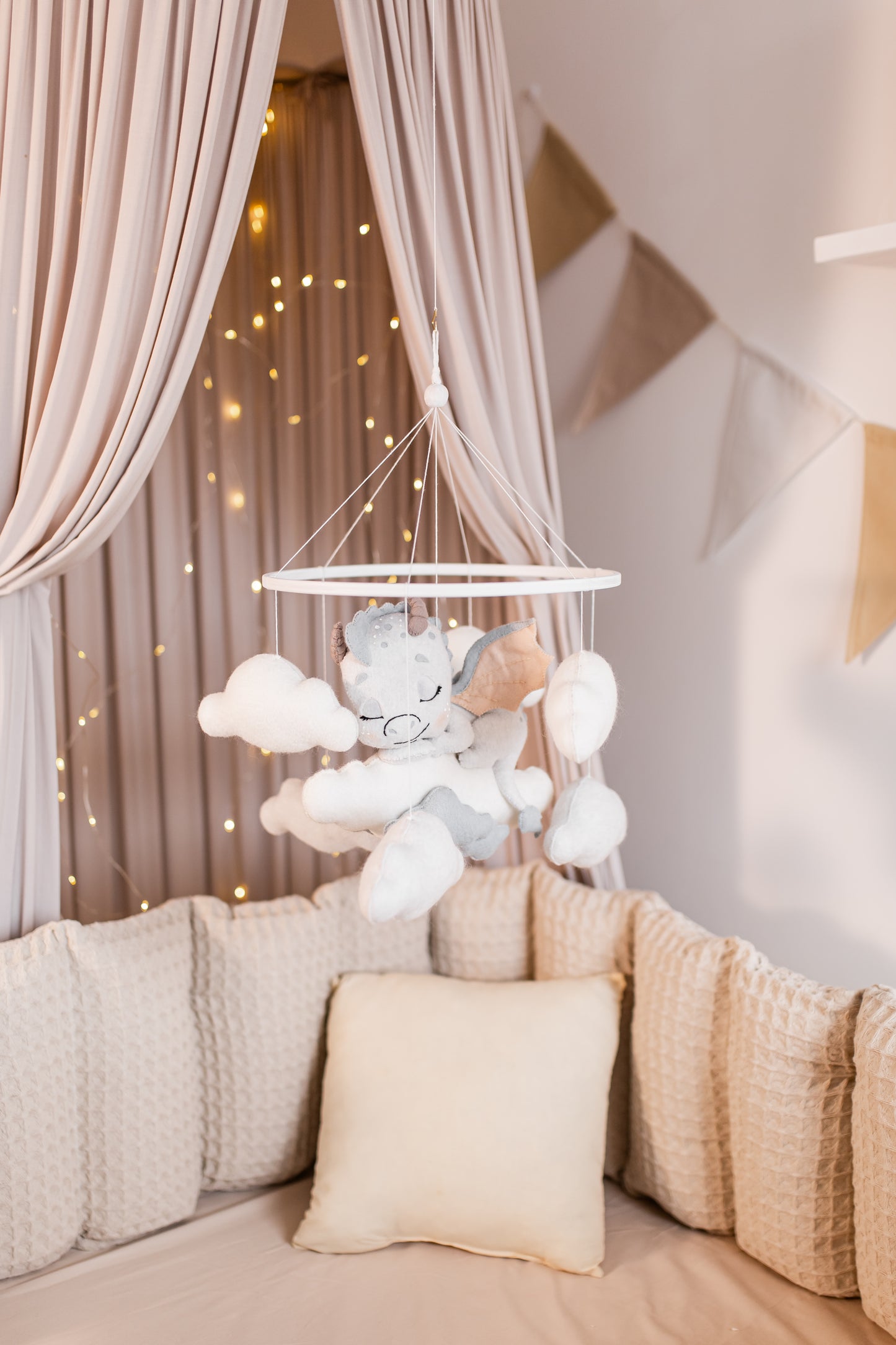 Handmade boucle fantasy dragon nursery mobile suspended from beech ring