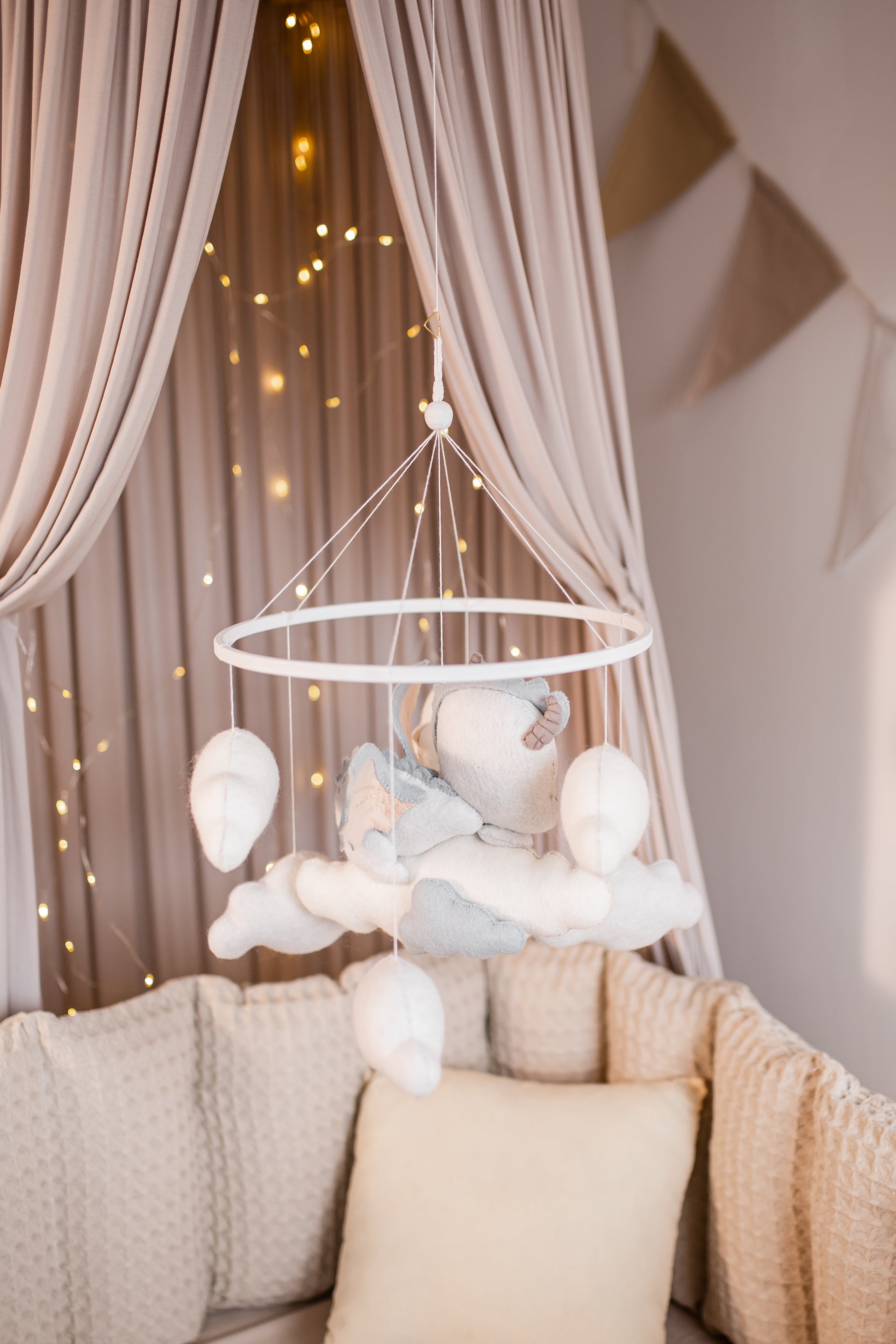 Eco-friendly boucle dragon mobile for whimsical nursery decor
