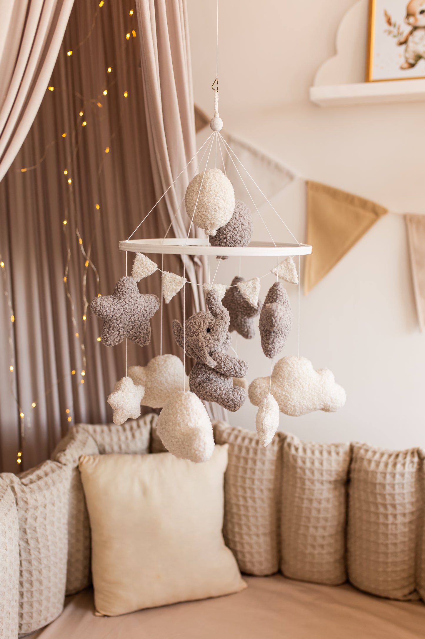 Eco-friendly boucle elephant mobile for boho and Scandinavian nurseries