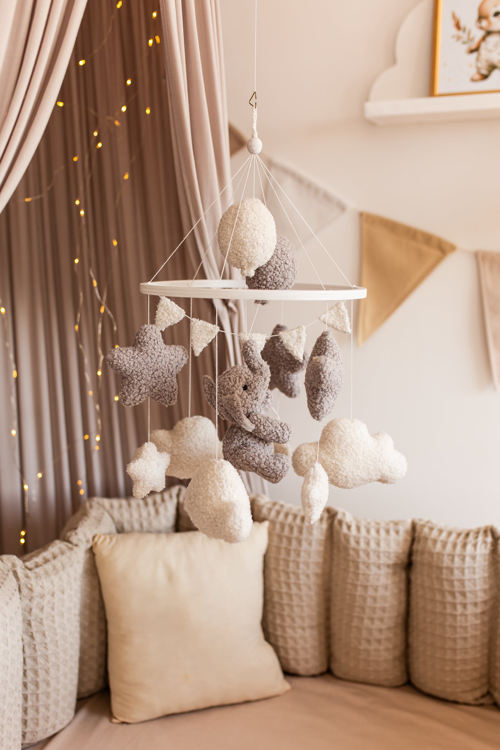 Eco-friendly boucle elephant mobile for boho and Scandinavian nurseries