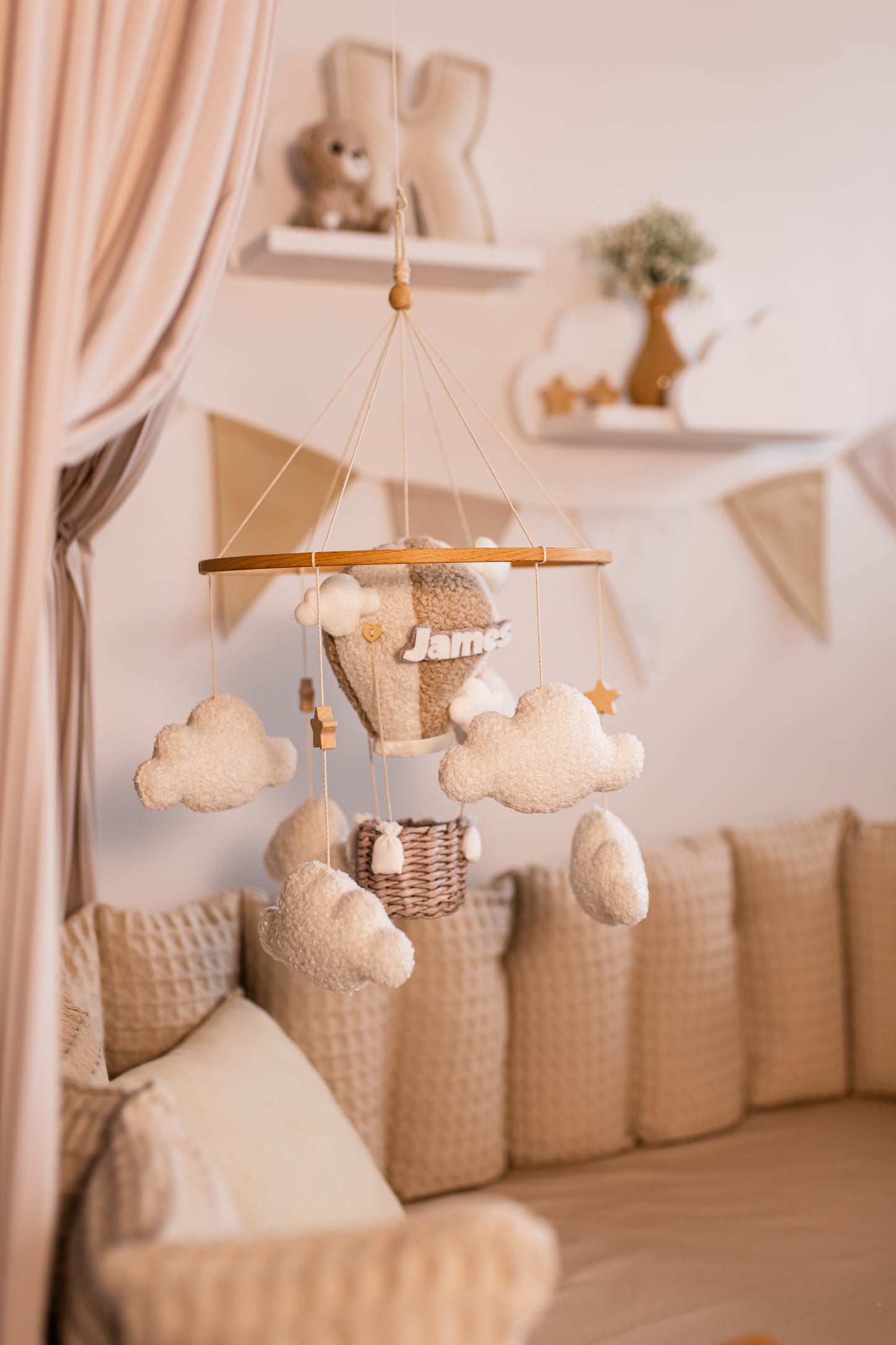 Eco-friendly custom name hot air balloon mobile for dreamy nursery decor