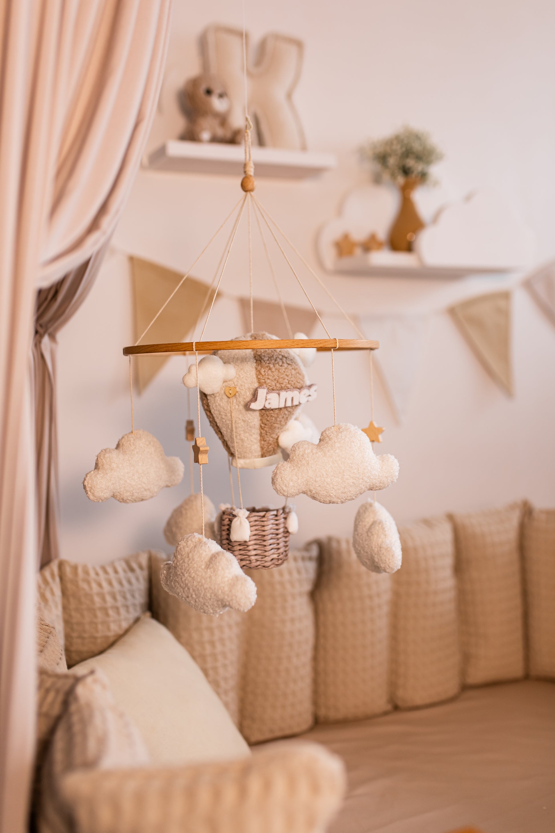 Eco-friendly custom name hot air balloon mobile for dreamy nursery decor