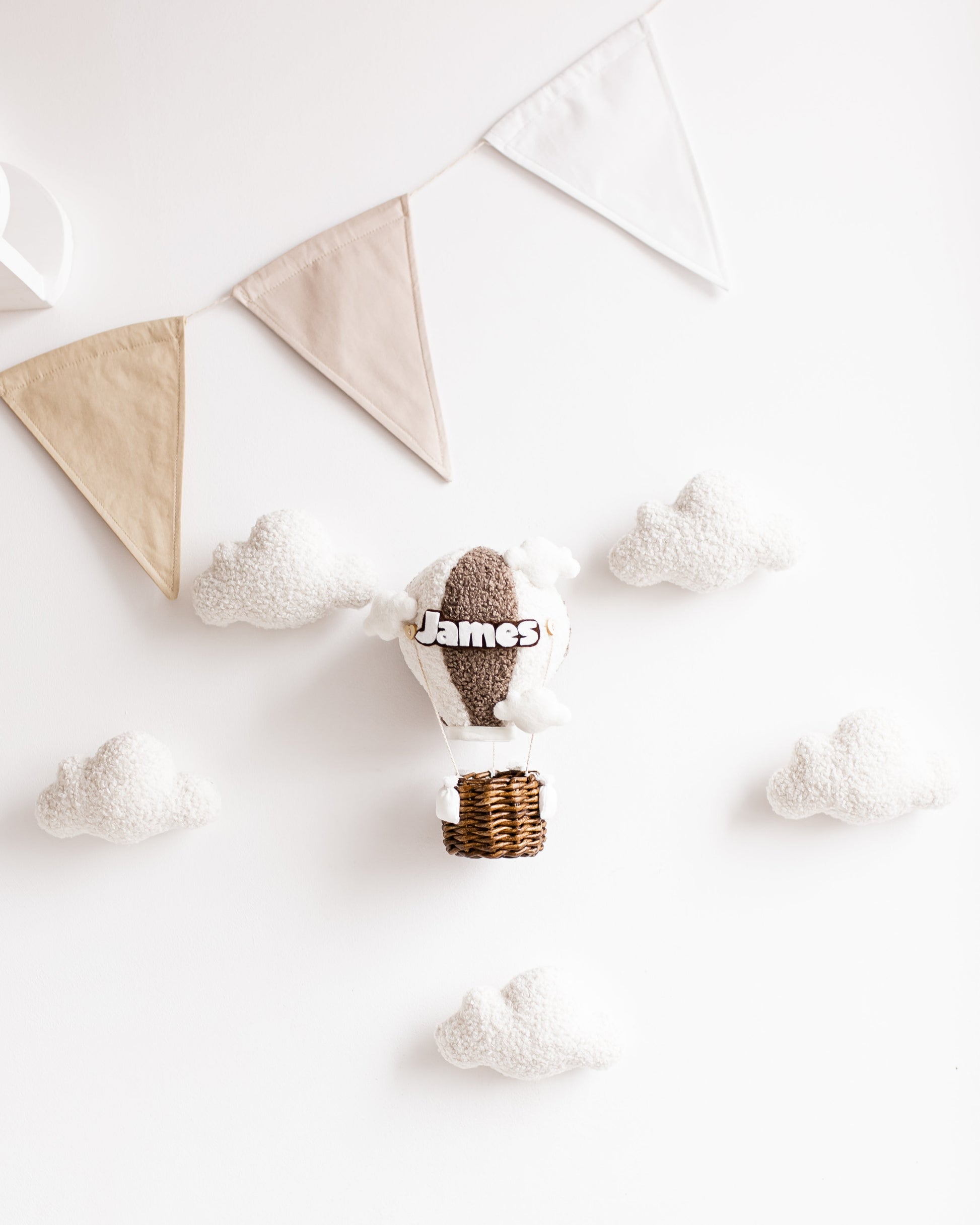 Bouclé hot air balloon wall decor set with clouds and soft LED glow, personalized