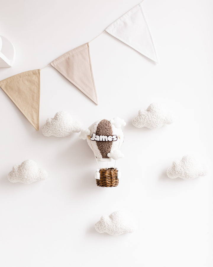 Bouclé hot air balloon wall decor set with clouds and soft LED glow, personalized