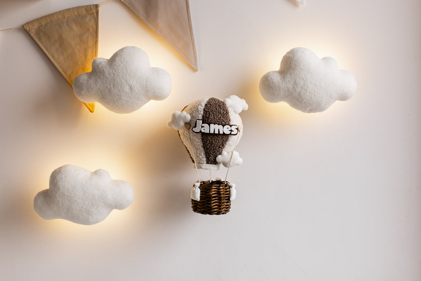 Handmade boucle wall decor with hot air balloon, clouds and optional name text