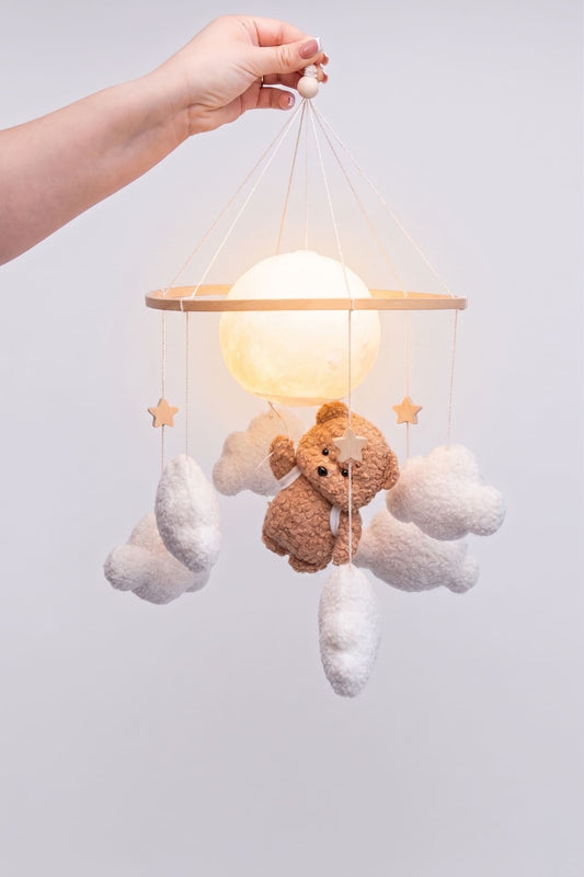 Nursery night light bear on moon baby crib mobile