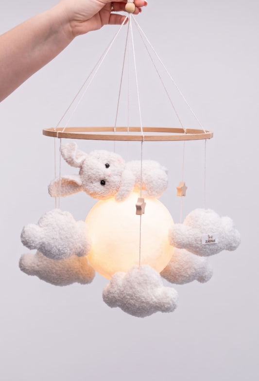 Nursery night light bunny on moon baby crib mobile