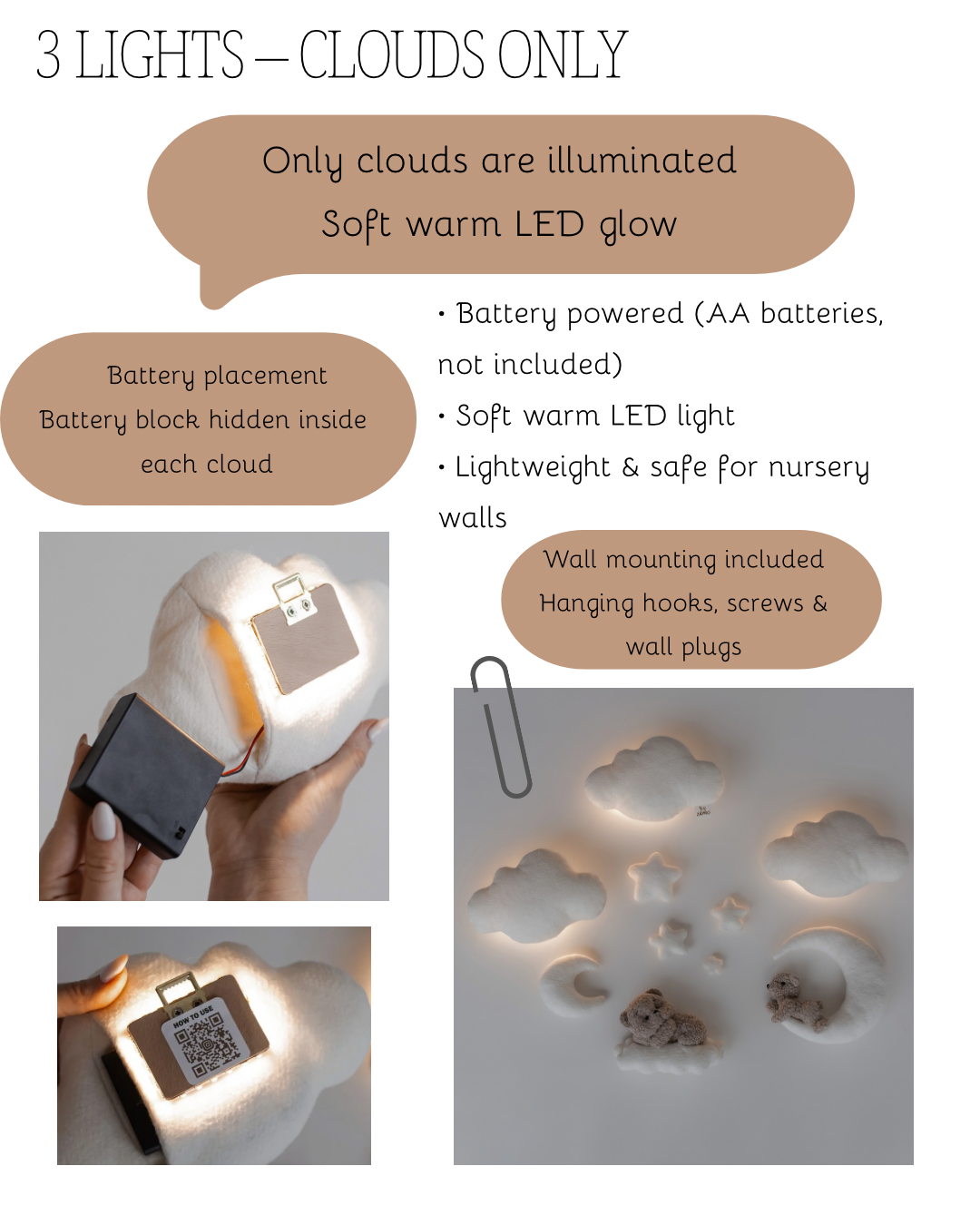 Bouclé Cloud Nursery Wall Lights – 3 Clouds LED Set