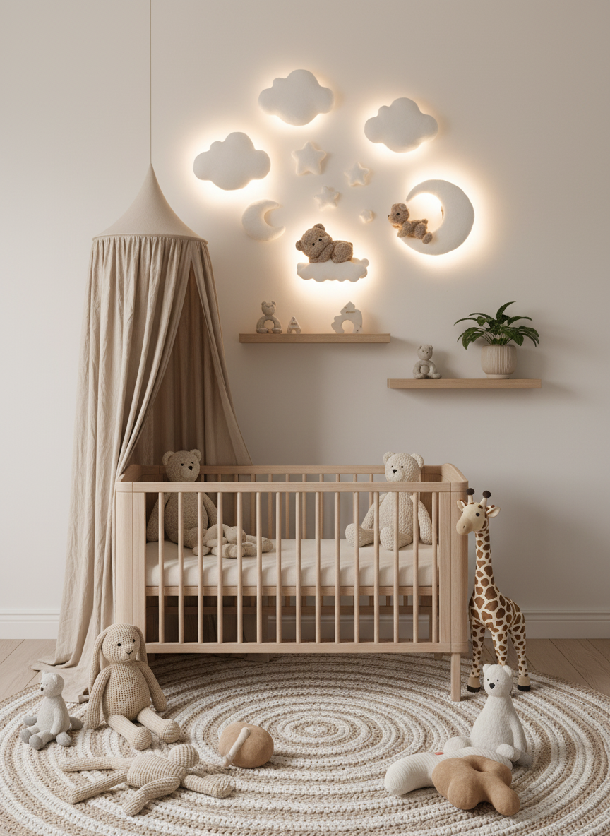 Bouclé Bear &amp; Cloud Nursery Wall Lights – 5 Lights LED Set