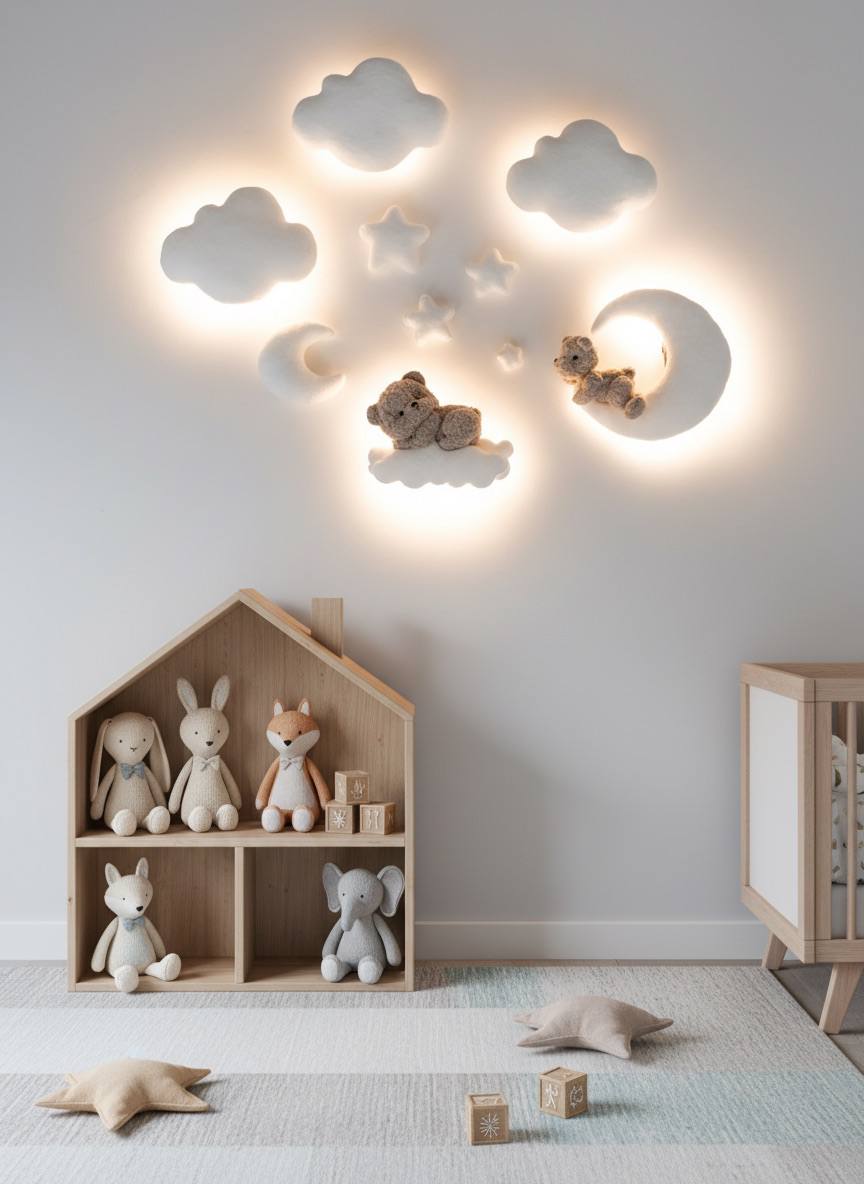 Bouclé Bear & Cloud Nursery Wall Lights – 5 Lights LED Set