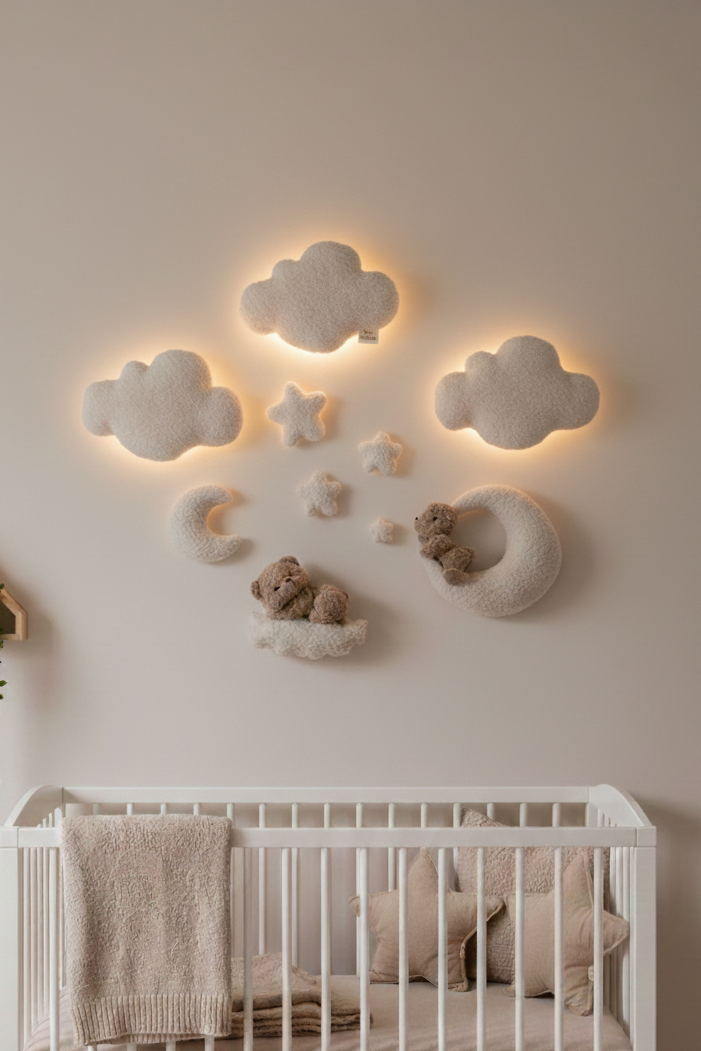 Bouclé Cloud Nursery Wall Lights – 3 Clouds LED Set