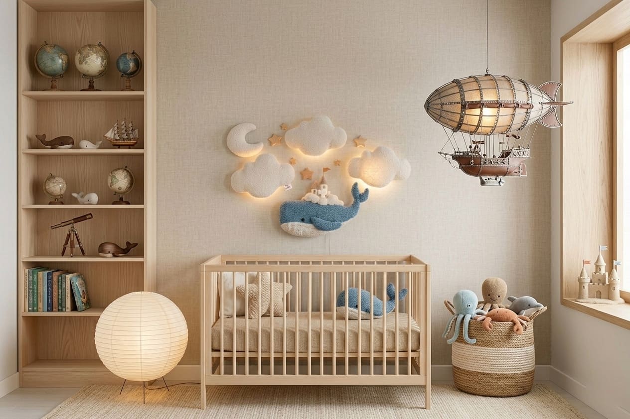 Whale Nursery Wall Light Set with Clouds, Moon and Stars