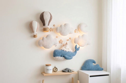 Whale Nursery Wall Decor Set with Cloud Lights and Hot Air Balloons