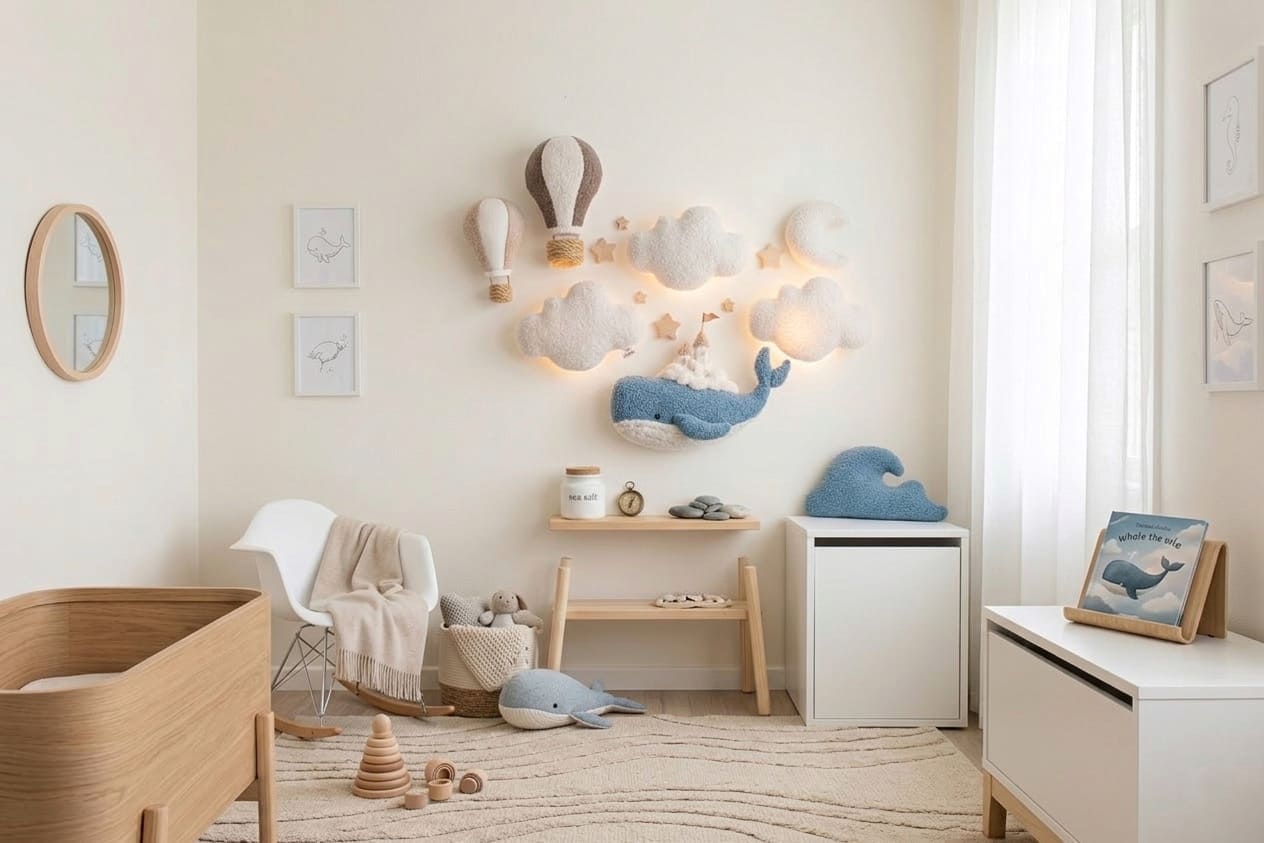 Whale Nursery Wall Decor Set with Cloud Lights and Hot Air Balloons