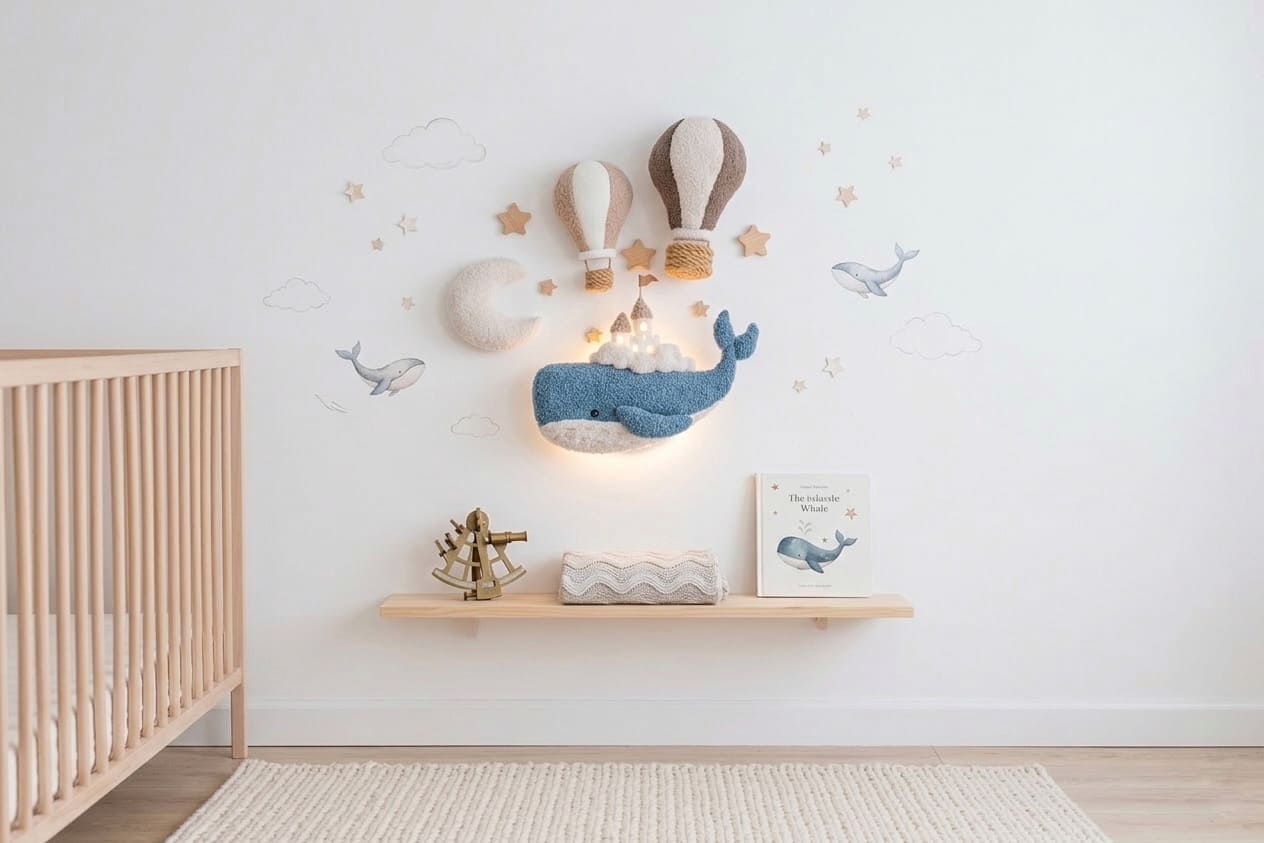 Whale Nursery Wall Decor Set with Lighted Whale and Hot Air Balloons