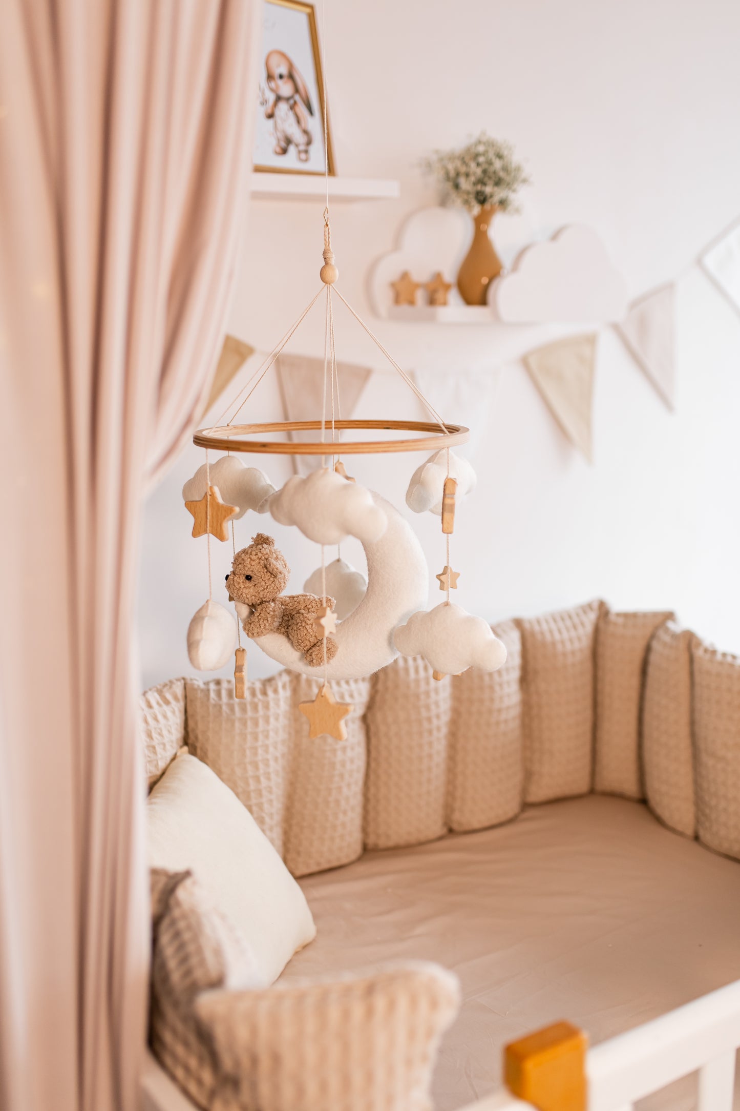 Eco-friendly baby mobile featuring bear on moon and dreamy cloud accents