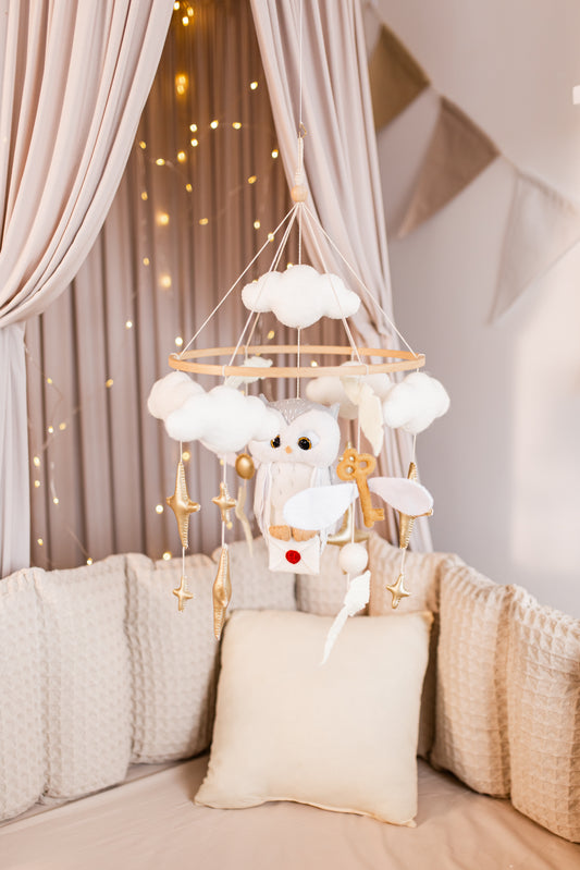 Owl Wizard baby mobile with boucle owl and magical nursery decor