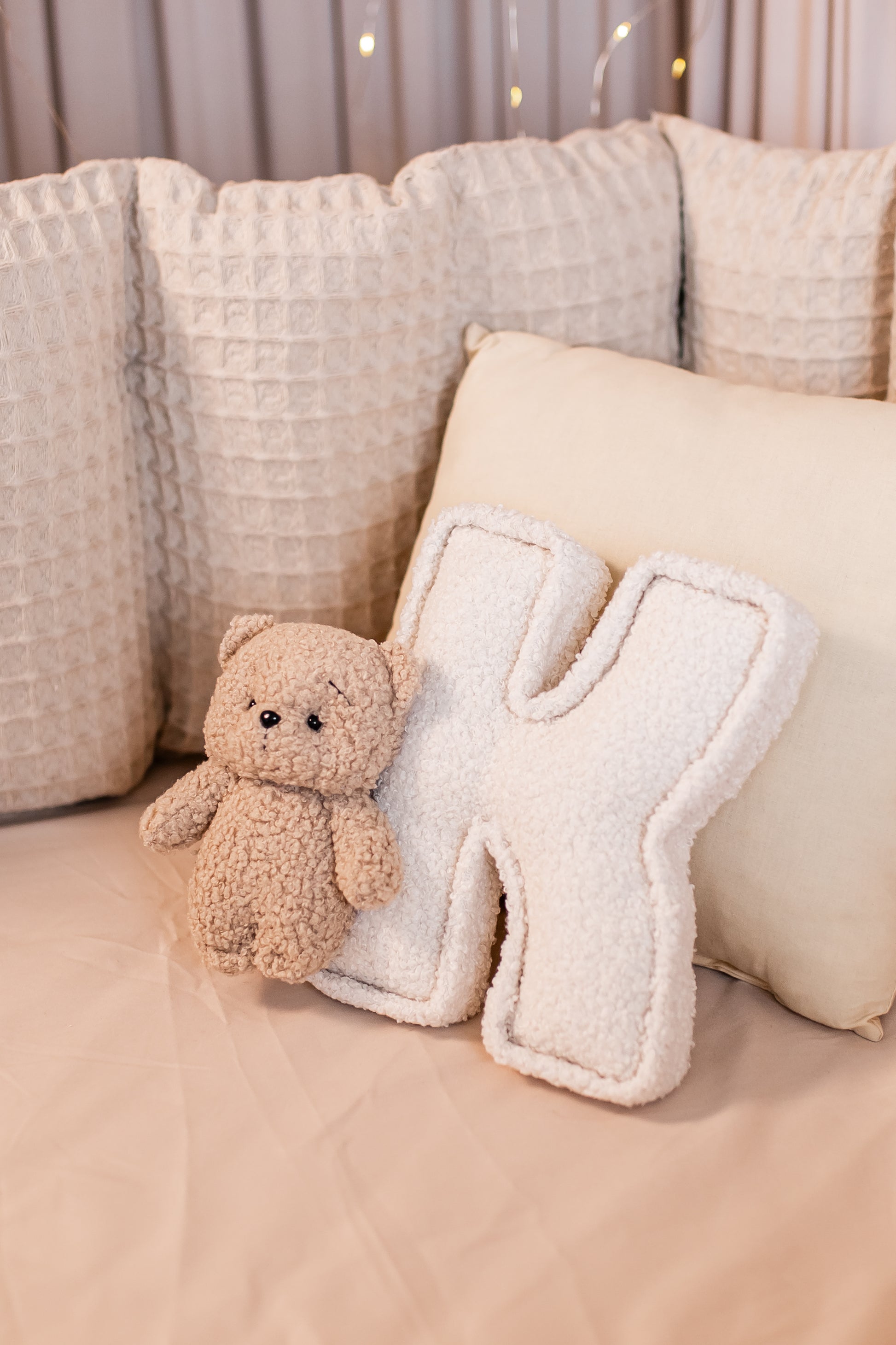Eco-friendly personalized bouclé name letters with teddy bear for baby room