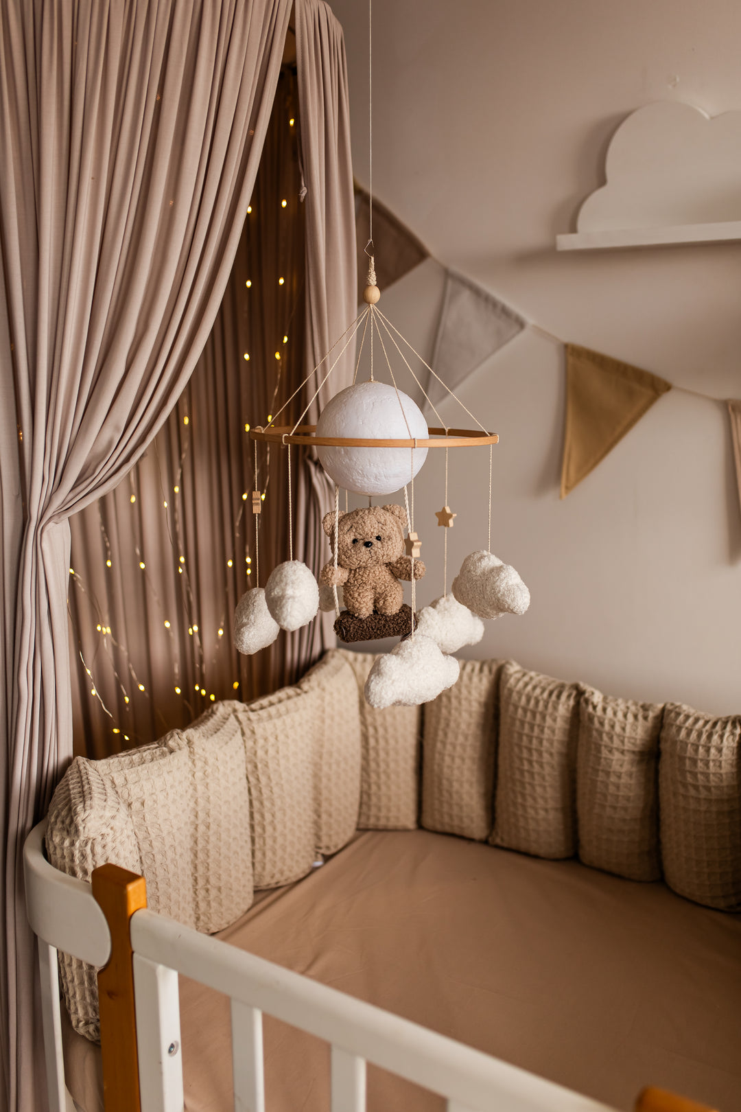 Nursery night light teddy bear on a swing baby crib mobile