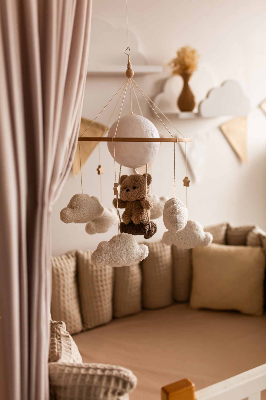 Nursery night light teddy bear on a swing baby crib mobile