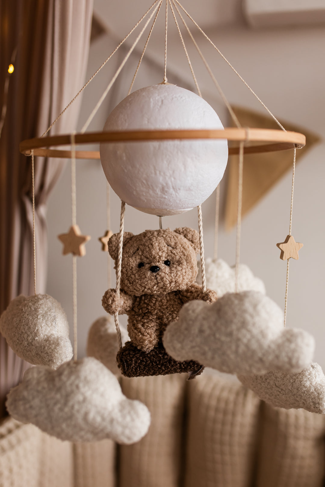 Nursery night light teddy bear on a swing baby crib mobile
