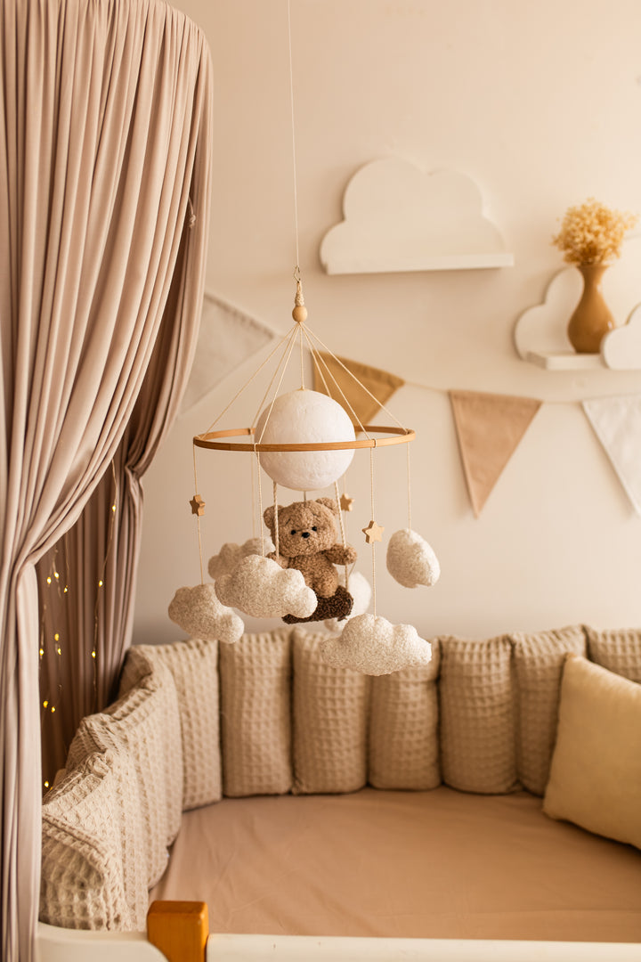 Nursery night light teddy bear on a swing baby crib mobile