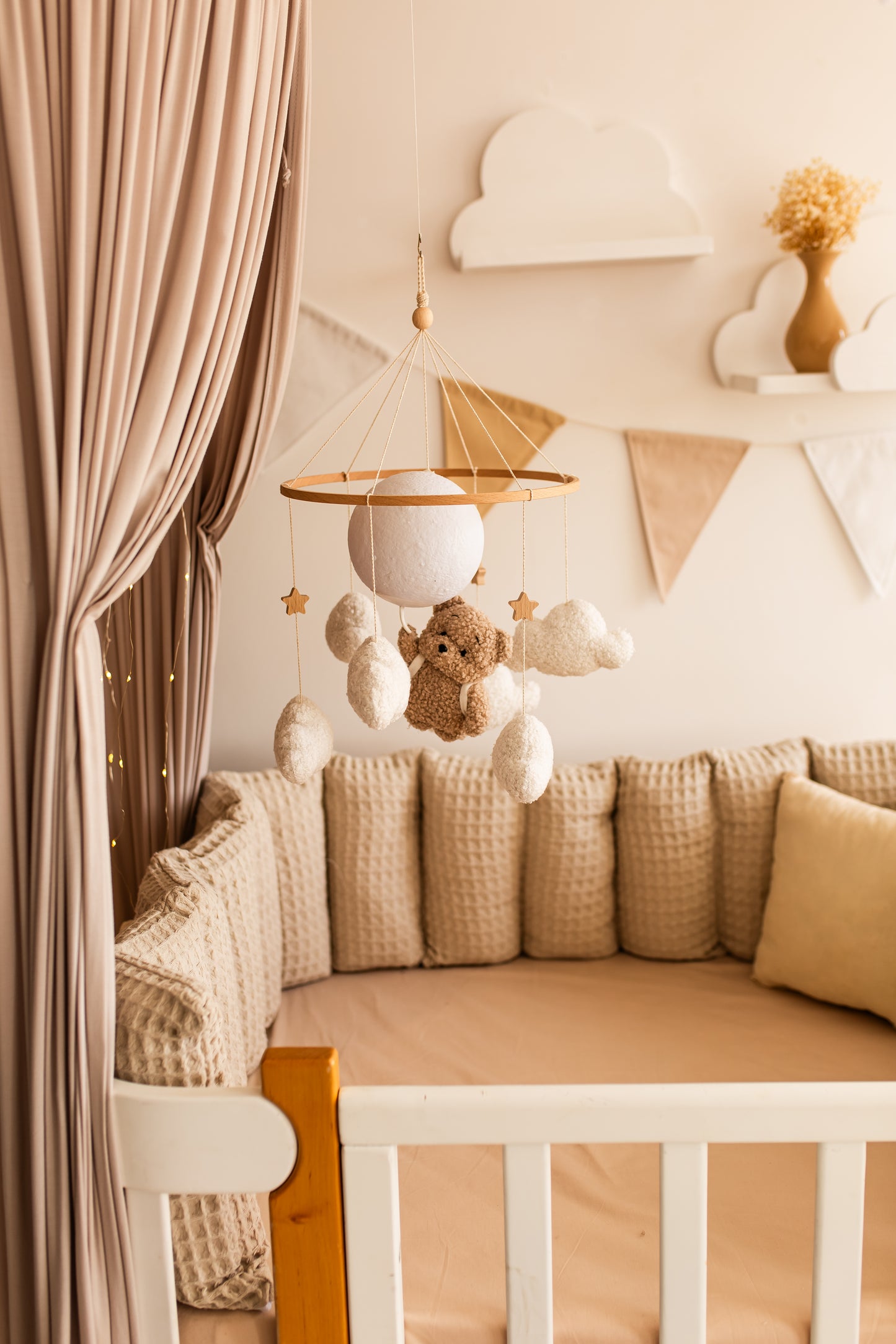 Nursery night light bear on moon baby crib mobile