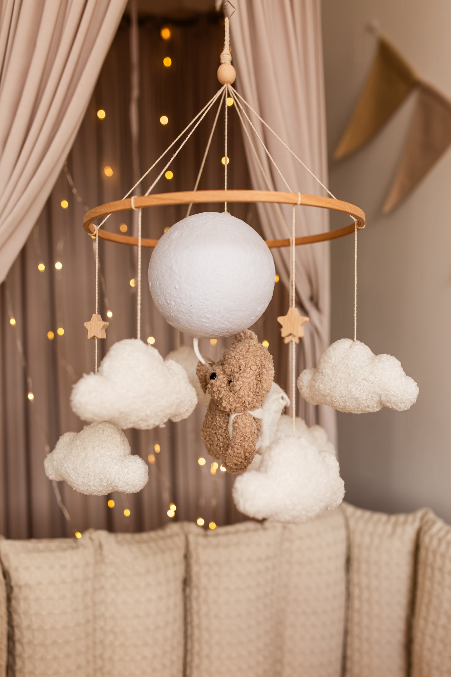Nursery night light bear on moon baby crib mobile