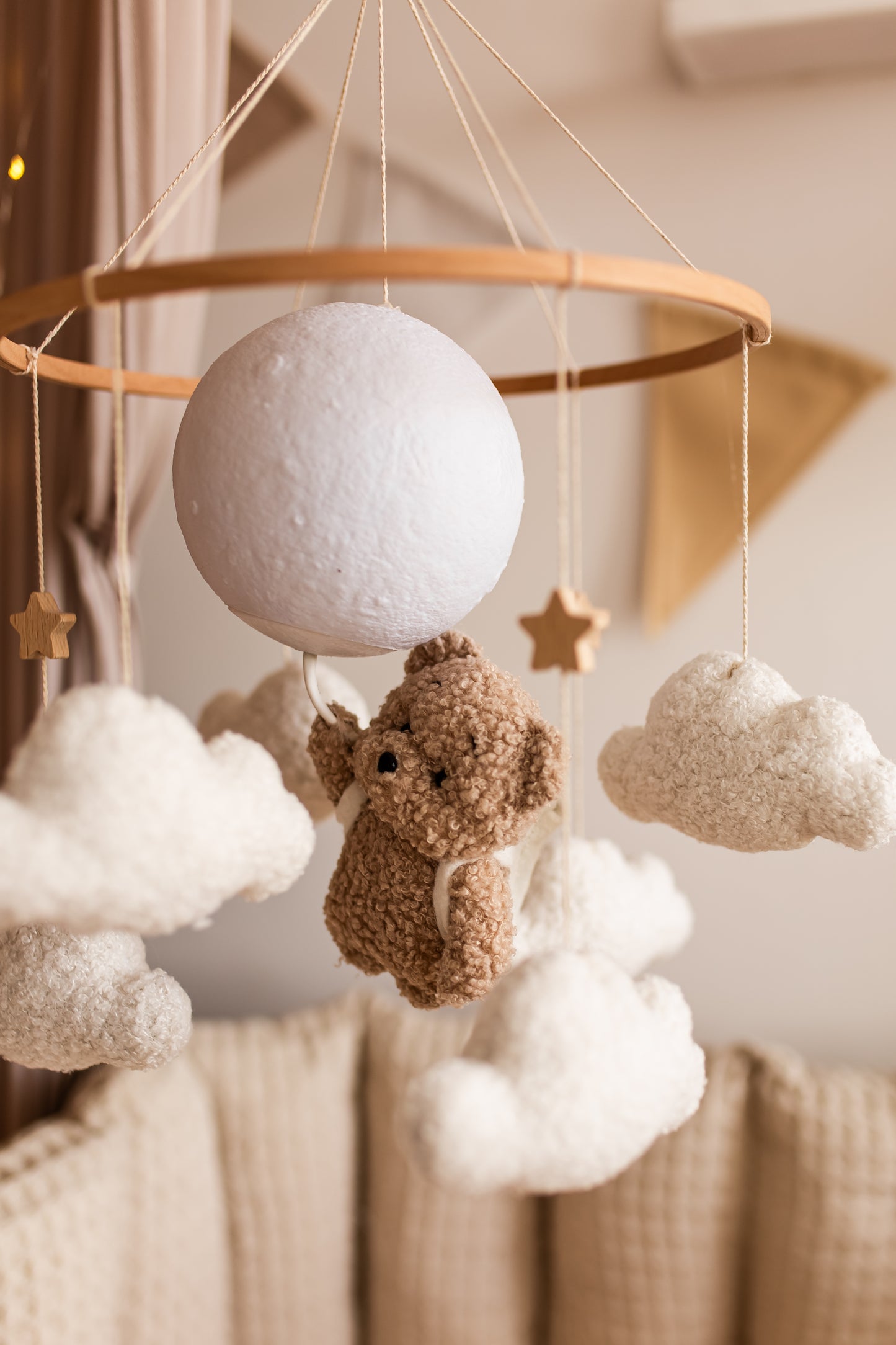 Nursery night light bear on moon baby crib mobile