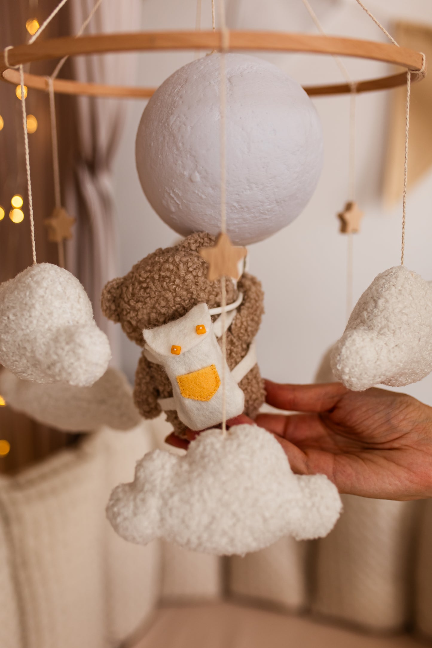 Nursery night light bear on moon baby crib mobile