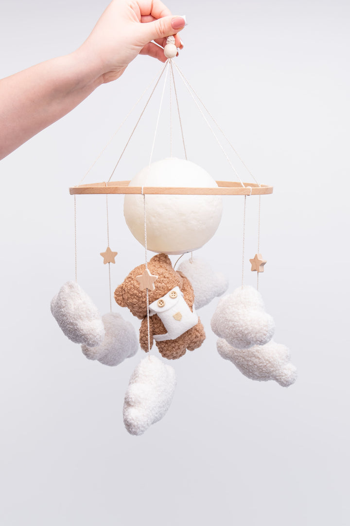 Nursery night light bear on moon baby crib mobile