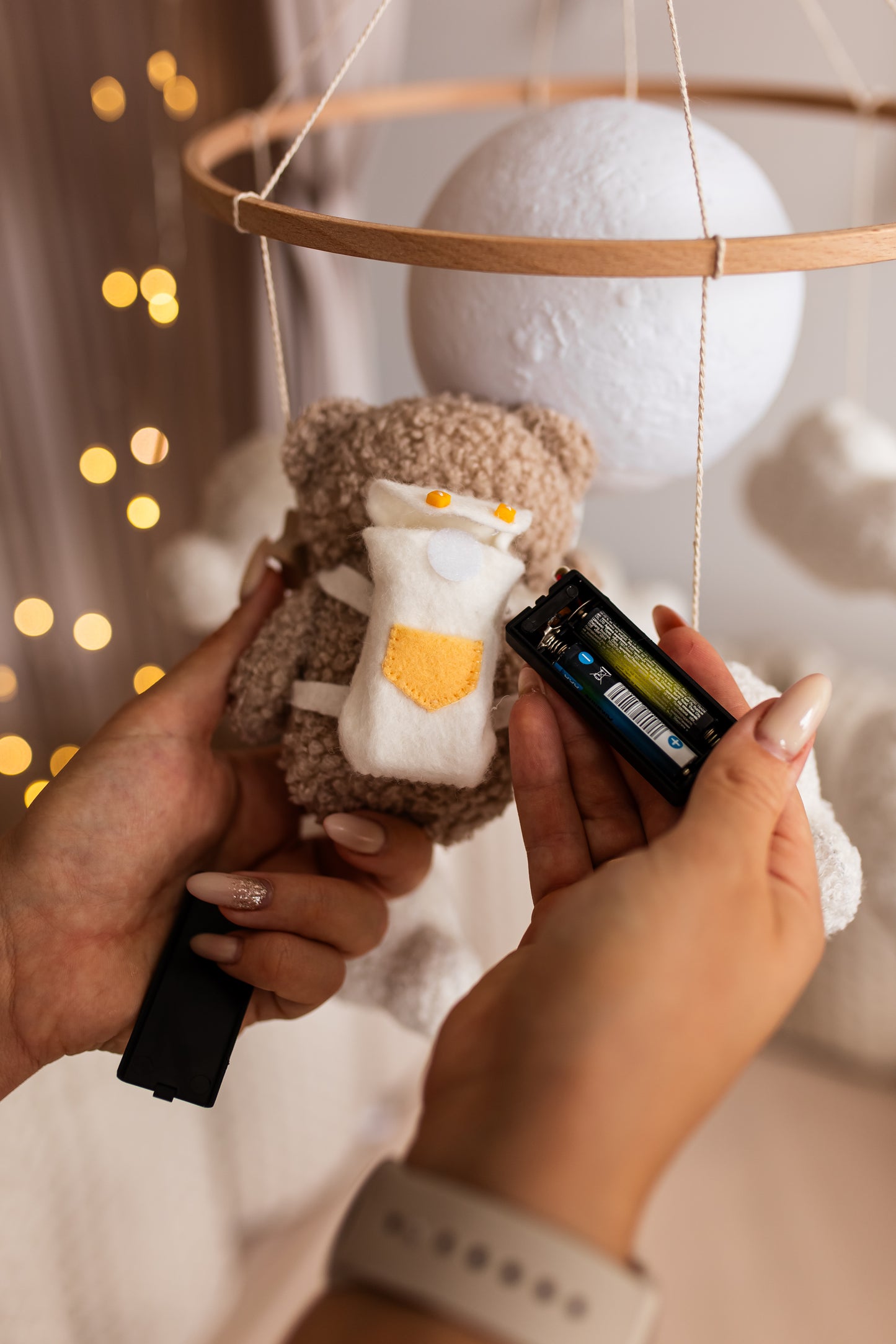 Nursery night light bear on moon baby crib mobile