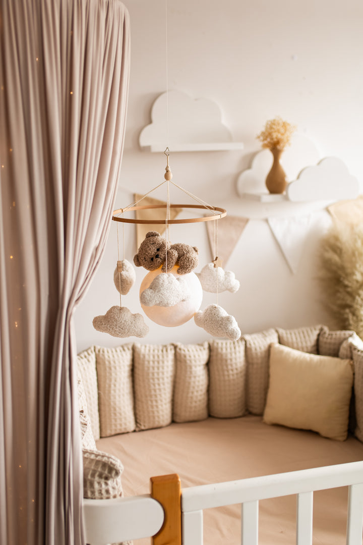 Nursery night light bear on moon baby crib mobile