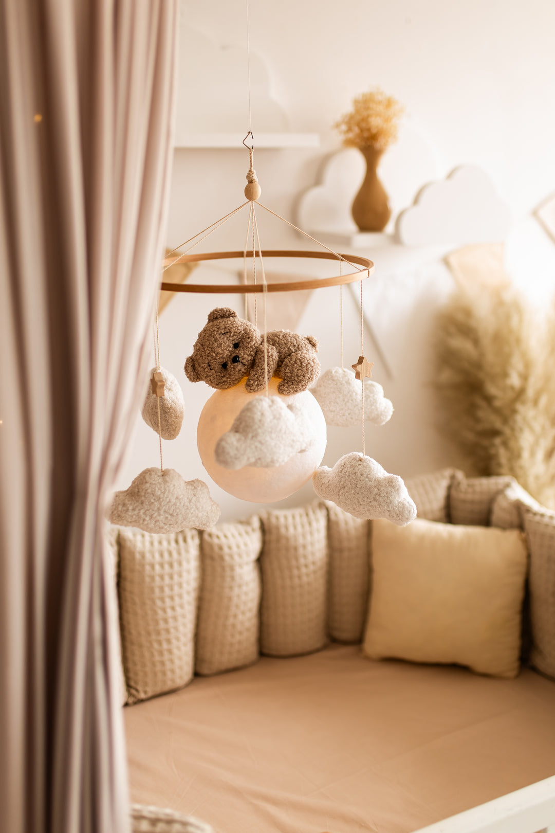 Nursery night light bear on moon baby crib mobile