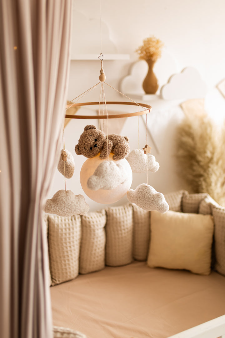 Nursery night light bear on moon baby crib mobile