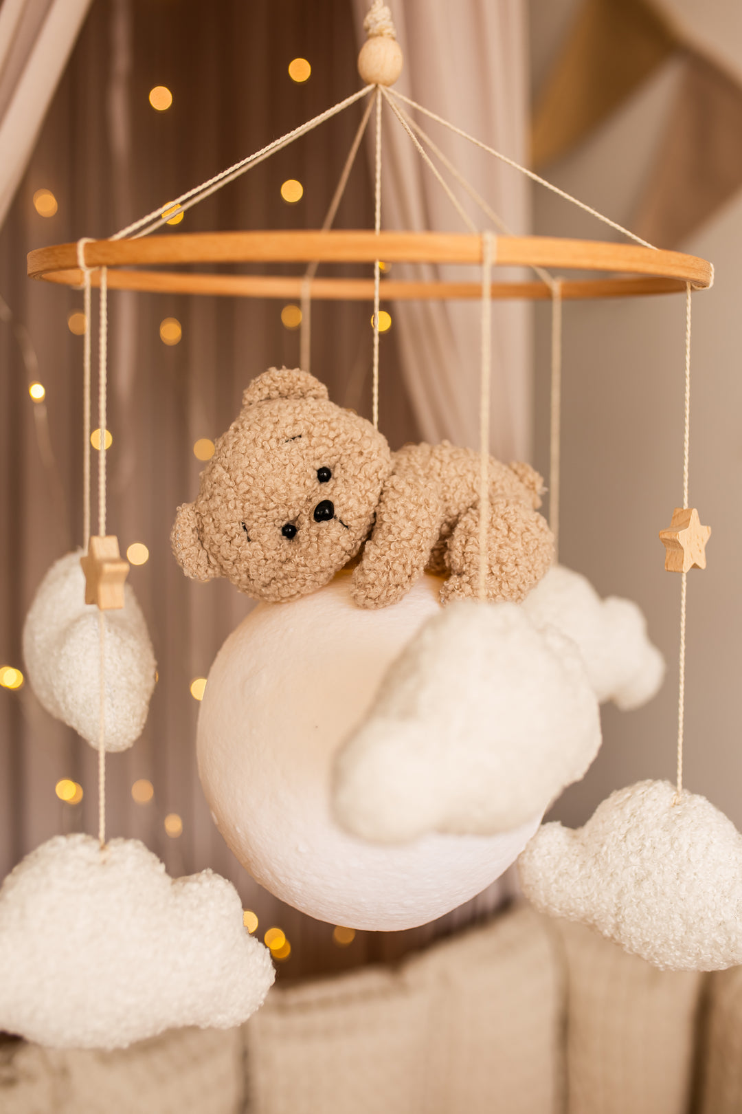 Nursery night light bear on moon baby crib mobile