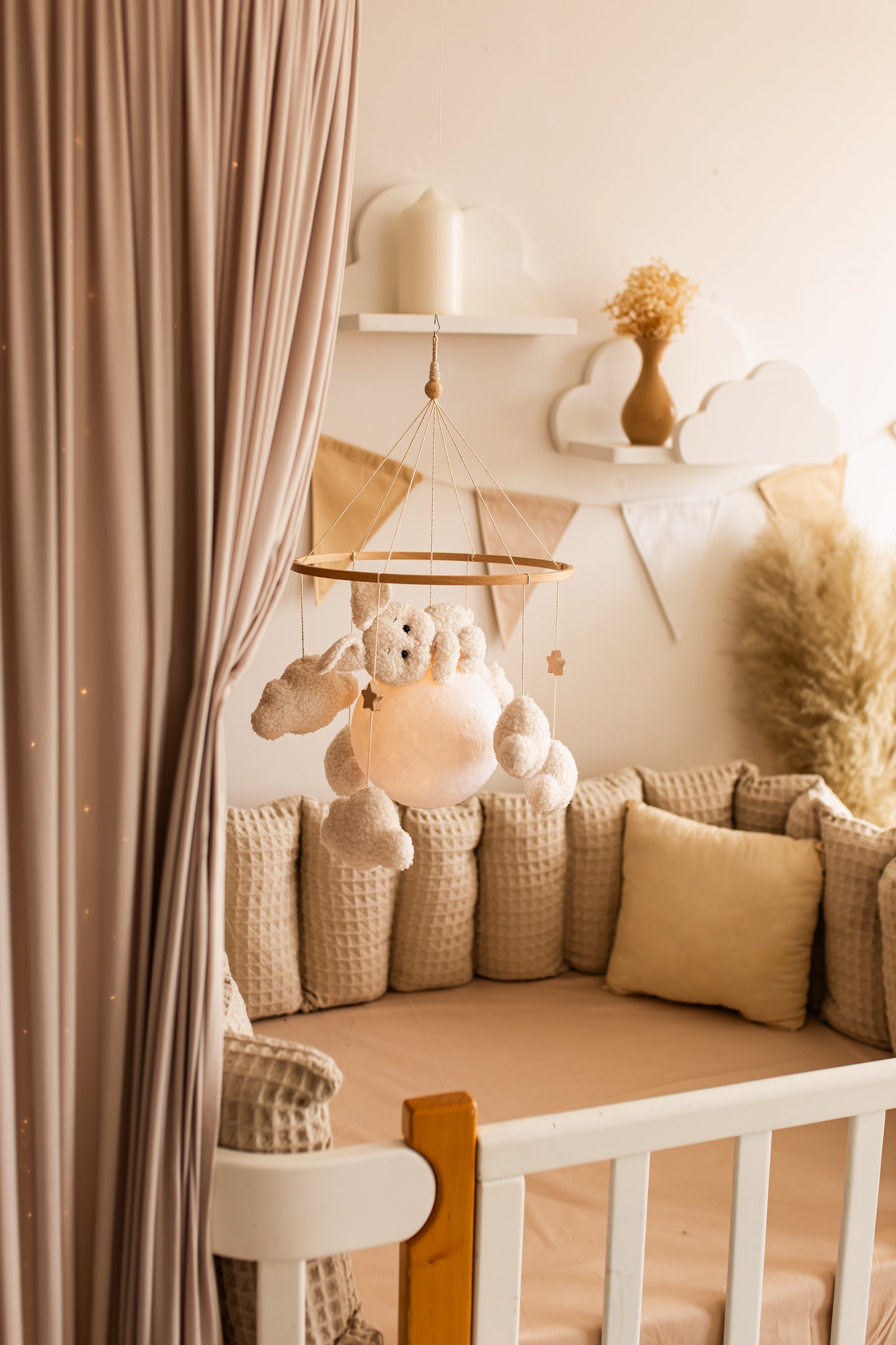 Nursery night light bunny on moon baby crib mobile