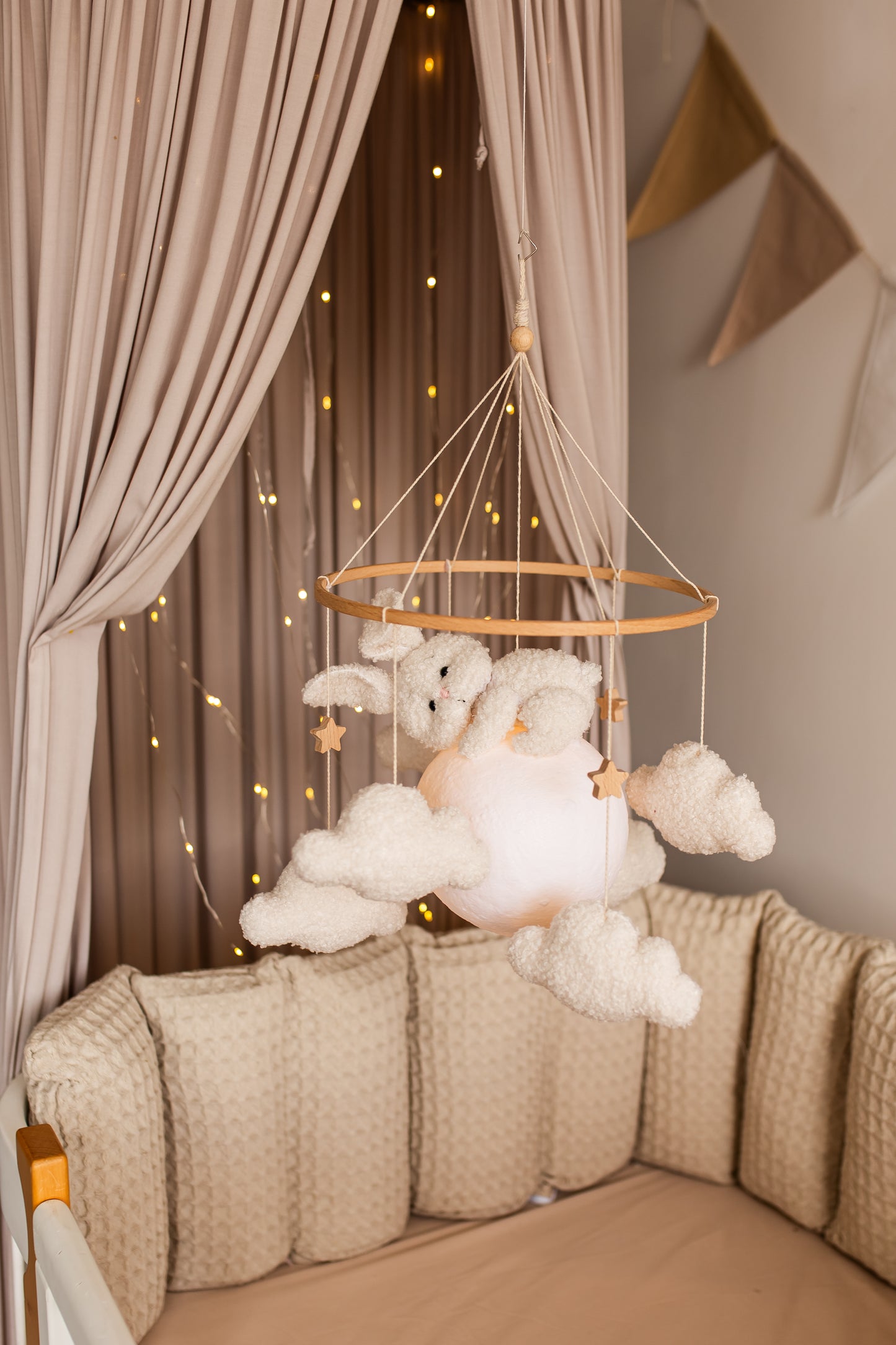 Nursery night light bunny on moon baby crib mobile