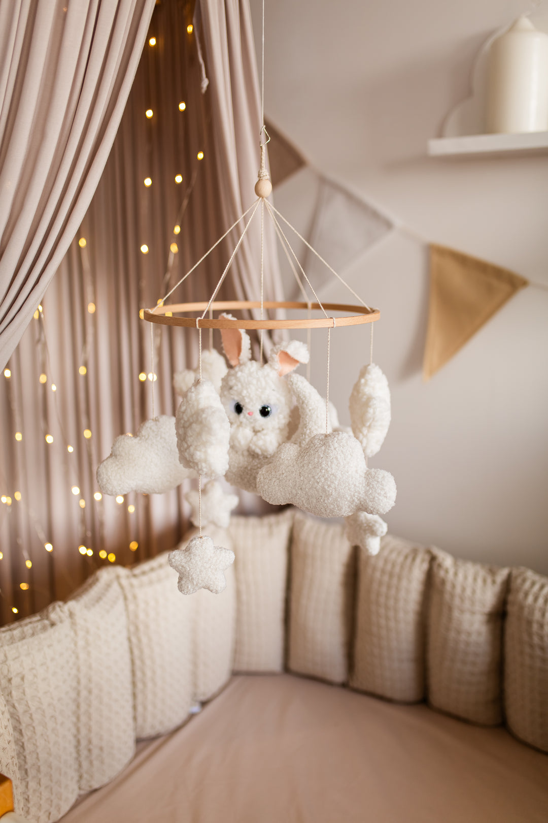 Bunny on the moon baby mobile boucle clouds nursery decor