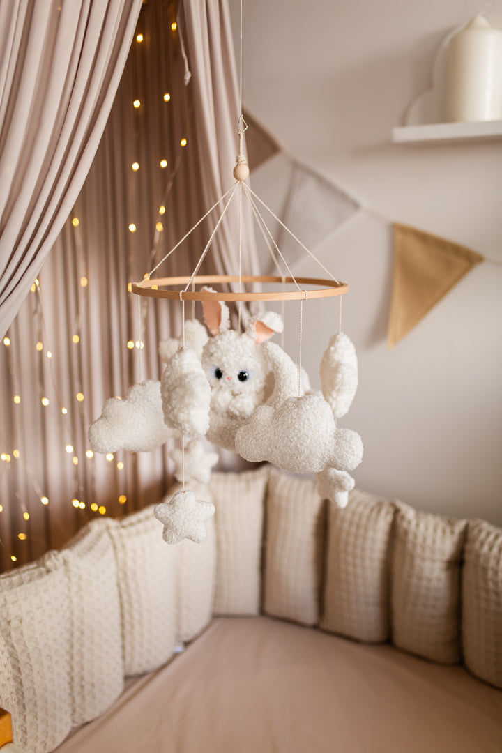 Bunny on the moon baby mobile boucle clouds nursery decor